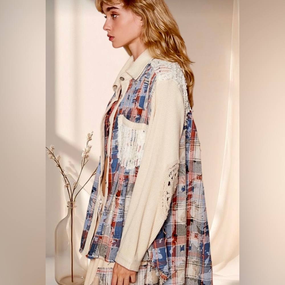 POL Plaid Crochet Patch Shacket Oversized Shirt Jacket | Cream Multi - Picture 7 of 8